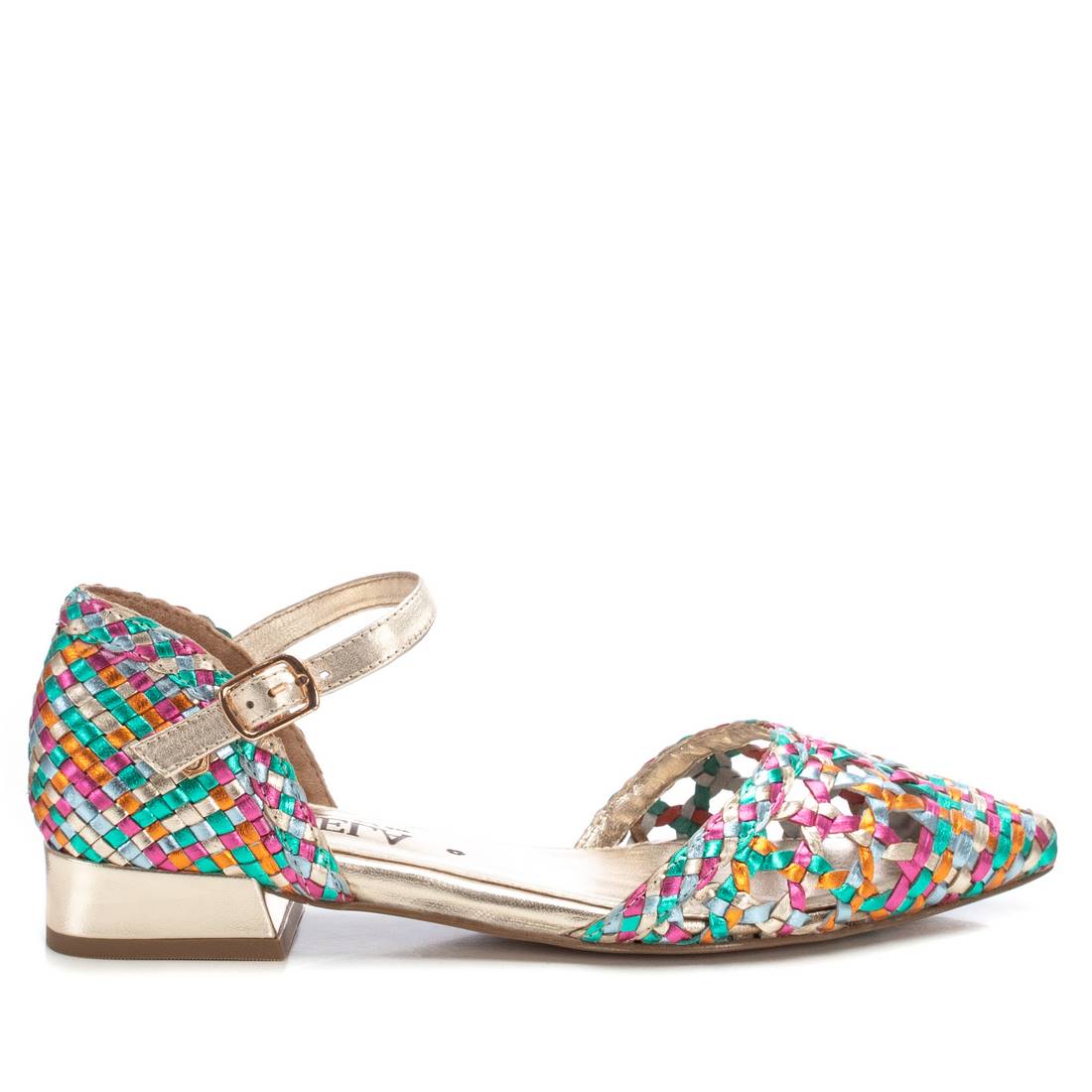 Bailarinas atadas al tobillo mujer bicolor en tonos dorados, azules y roda. Diseño minimalista y elegante.